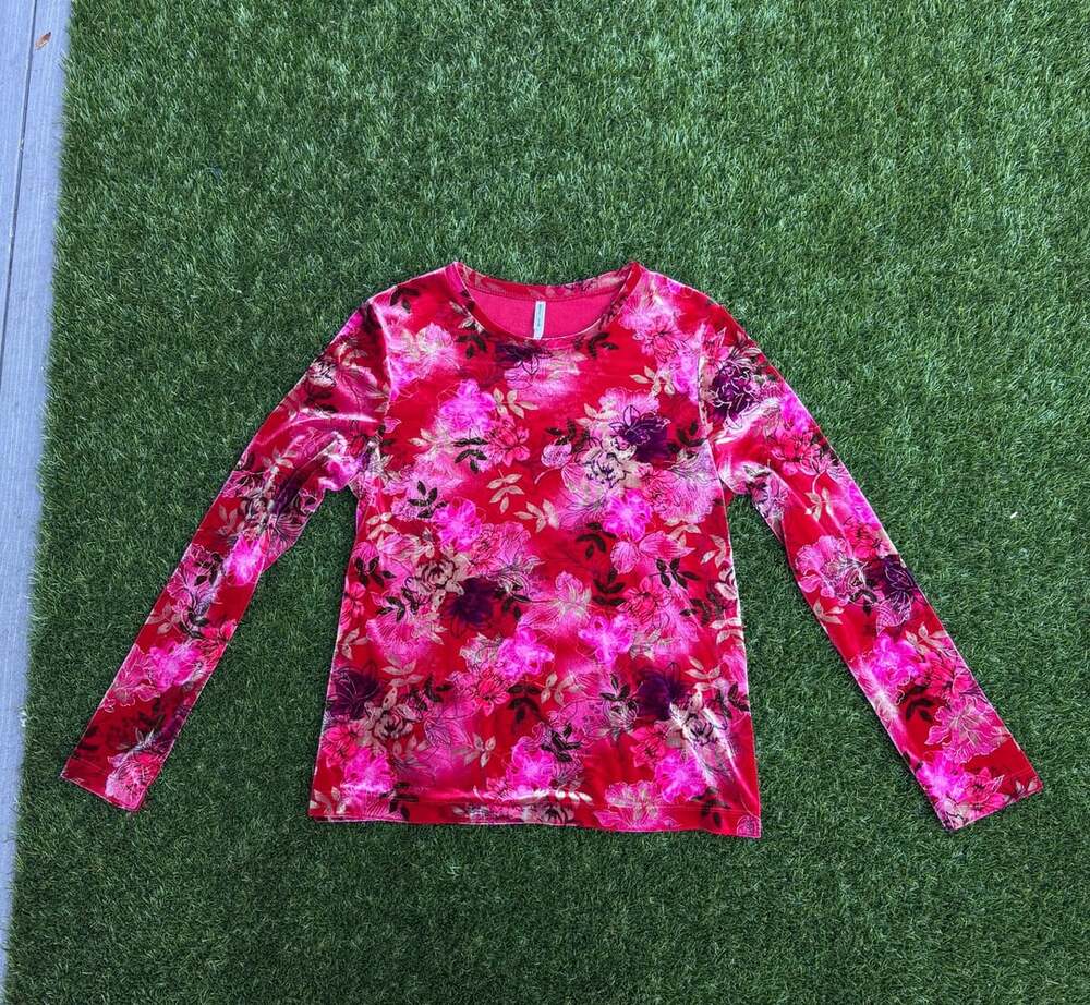 Early Y2K Plush Velvet Ruby Pink Gold Long Sleeve Floral Shirt Size L